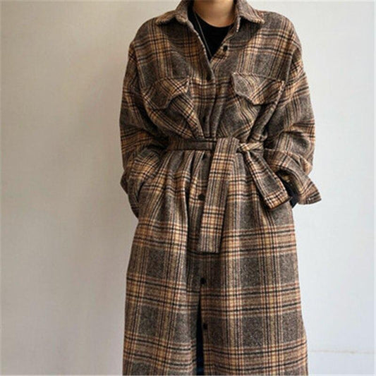 Fashion Plaid Long Woolen Coats Women Winter Korean Casual Loose Single Breasted Jackets Females Streetwear Outwear