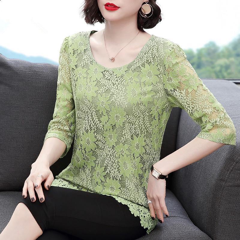 M-4XL Blouse Loose Round Neck 3/4 Sleeves Solid Color Fashion Shirt Plus Size Slim Fit Elegant Hollow Lace Shirt Top