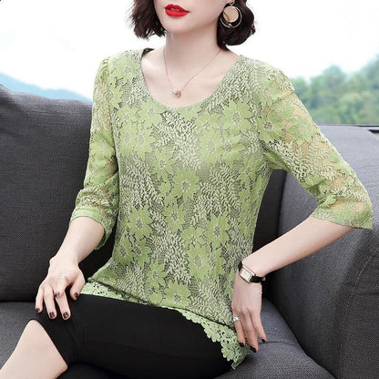 M-4XL Blouse Loose Round Neck 3/4 Sleeves Solid Color Fashion Shirt Plus Size Slim Fit Elegant Hollow Lace Shirt Top