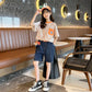 Girls' Summer Thin Loose T-shirt Jeans Suit Striped T-shirt Jeans Shorts Two Piece Casual Wear Kid Clothing