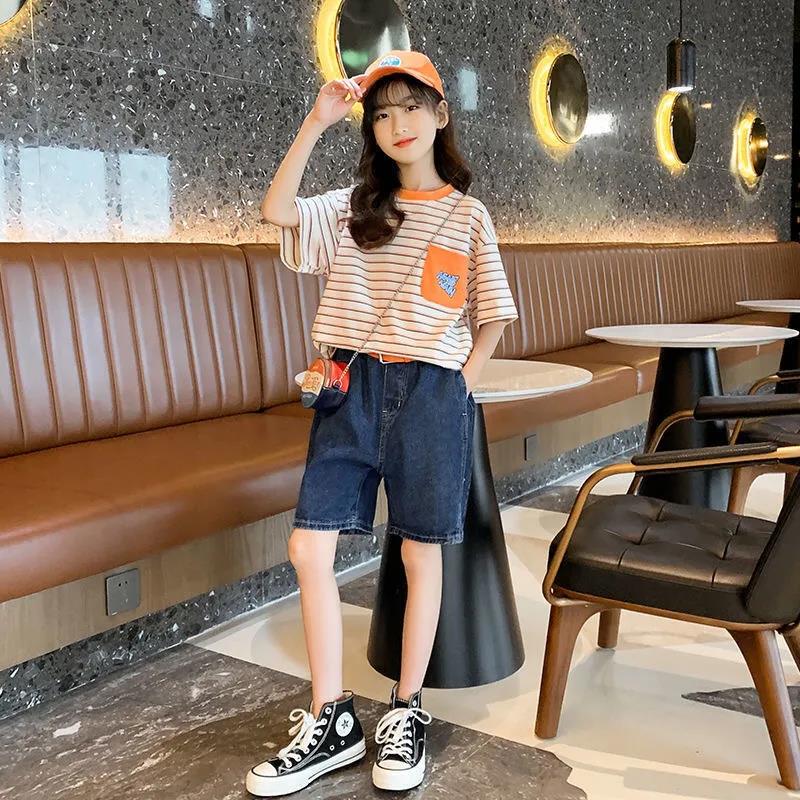 Girls' Summer Thin Loose T-shirt Jeans Suit Striped T-shirt Jeans Shorts Two Piece Casual Wear Kid Clothing