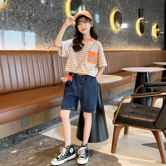 Girls' Summer Thin Loose T-shirt Jeans Suit Striped T-shirt Jeans Shorts Two Piece Casual Wear Kid Clothing