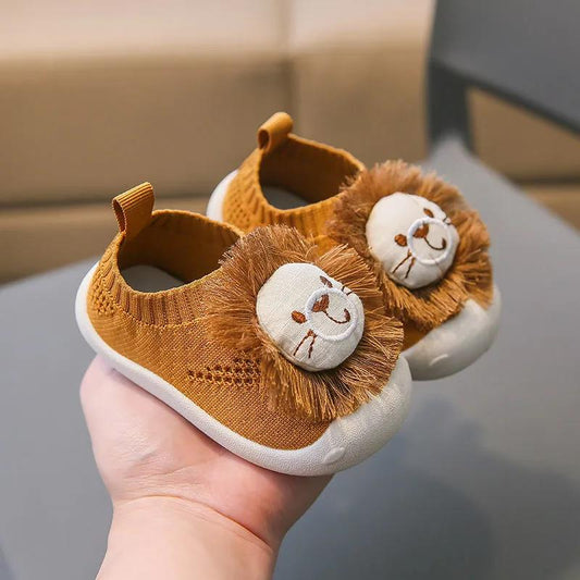 Baby's Spring and Summer Knitted Shoes Soft Soled Baby Walking Casual Shoes Cute Yellow Cartoon Lion Flat Shoes