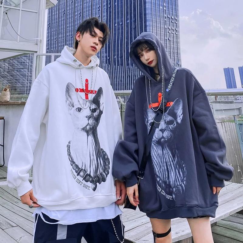 Gothic Punk Sweatshirts Pullover Hoodies Women White Black Printed Oversized Harajuku Sport Shirt Fashion Streetwear Tops with Chain Girl Long Hoodies