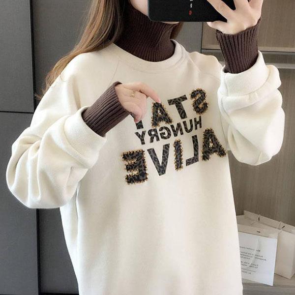 Cotton Thick Sweater Women Autumn and Winter Fake Two-piece Splicing Tops Student High Collar Loose Jacket