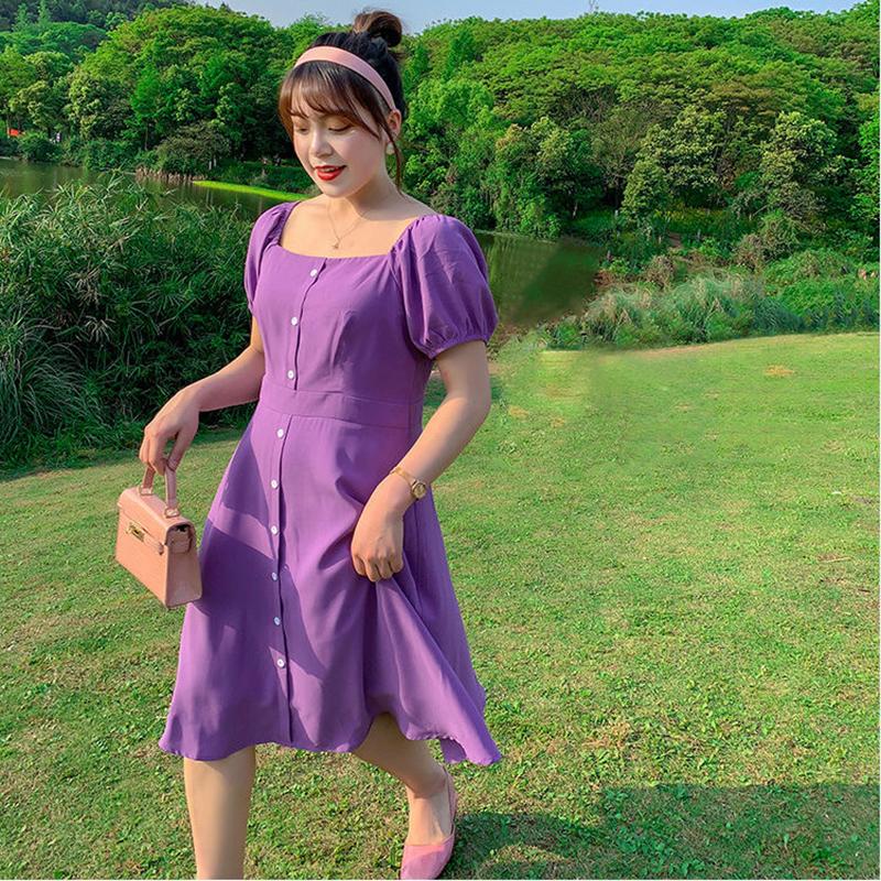 Super Loose Dress Women's Rectangular Neckline Bubble Short-sleeved Mid-length Waist Slimming Loose Version Dress Women's Loose Casual Sweet Dress