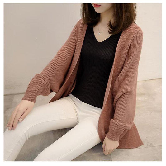 Simple Solid Color Mid-length Knitted Cardigan Jacket Spring and Autumn Women's Loose Bat Shirt with V-neck Top