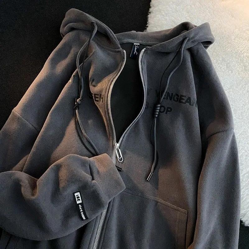 Women's Autumn and Winter Fleece Thickened Hooded Sweater Student Loose and Lazy Style Zipper Jacket Ins Casual Printed Jacket Fashion Cardigan