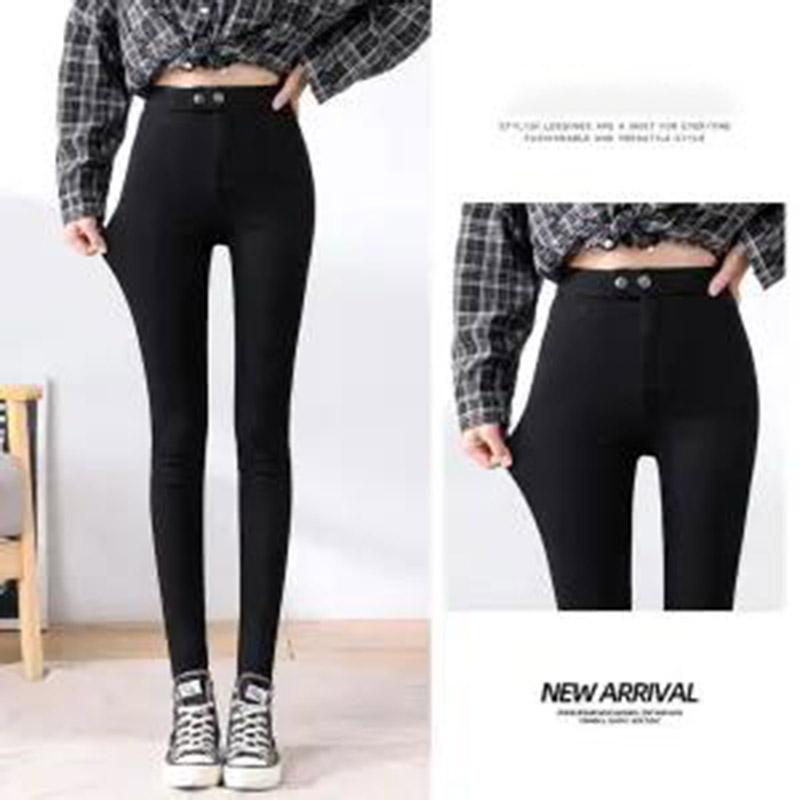 Double-button Shape Leggings Winter Slim Leggings Plus Velvet Thickening Outer Wear Solid Color Warm Stretch Leggings