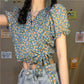 Puff Sleeve Floral Short-sleeved Chiffon Shirt Women's Summer Korean Design High-waist Short Top