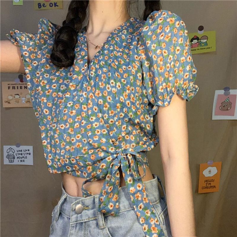 Puff Sleeve Floral Short-sleeved Chiffon Shirt Women's Summer Korean Design High-waist Short Top