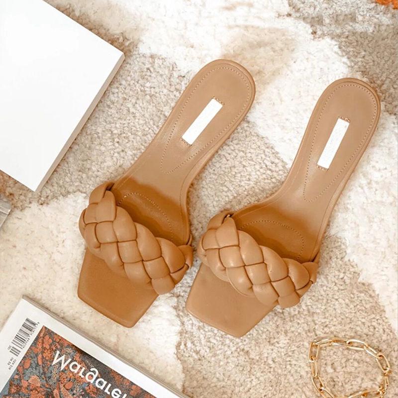 Summer All-match Thin and Woven Square Head High-heeled Sandals Female Fairy Fashion Sandals and Slippers