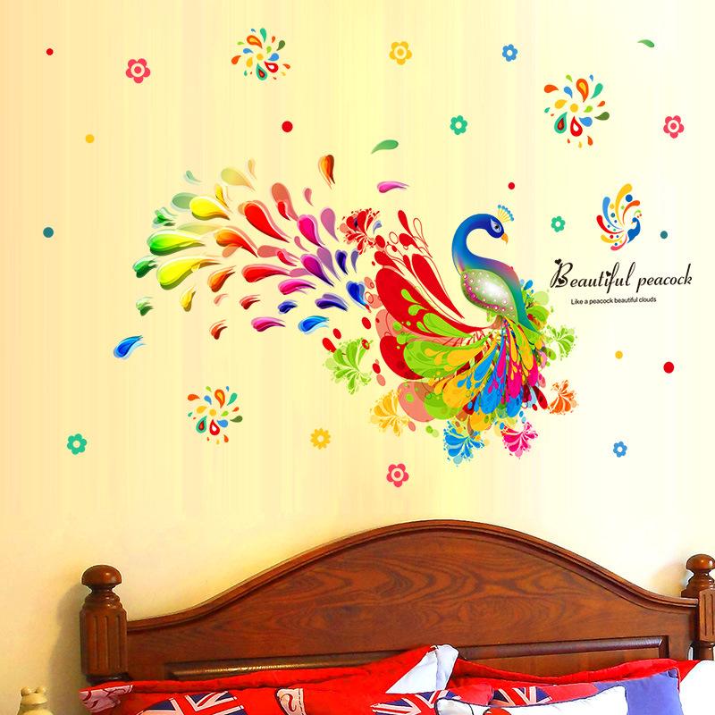 PVC environmentally friendly removable colorful peacock living room bedroom wall decoration stickers