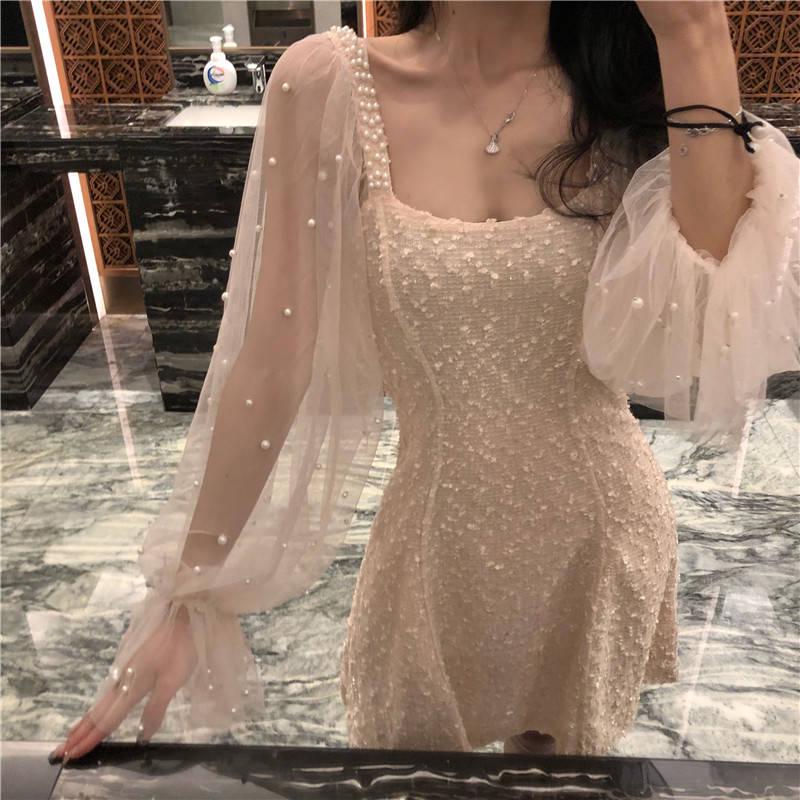 Nightclub Dress Fashion Sexy Slim Slim Wild Net Yarn Bubble Sleeve Temperament Dress Women