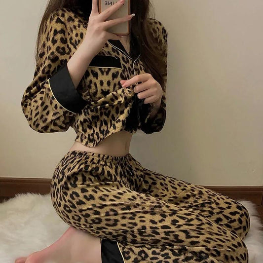 Women's Autumn Winter Sexy Leopard Printing Pajamas Long-sleeved Lapel Loose Homewear Suit Casual Out Wear Pyjamas Set Female Comfortable Nightgowns