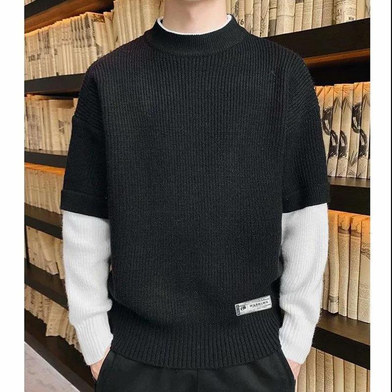 Autumn Thin Sweater Half High Neck Pullover Sweater Men's Trendy Knit Sweater Color Matching Bottoming Shirt Men's Top