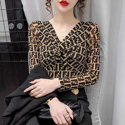 Spring and Autumn Women's Long-sleeved V-neck Slim Bottoming Shirt Printed Top