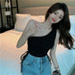 Women Sexy Skew Collar Sleeveless Bandage Solid Shirt Blouse Tank Tops