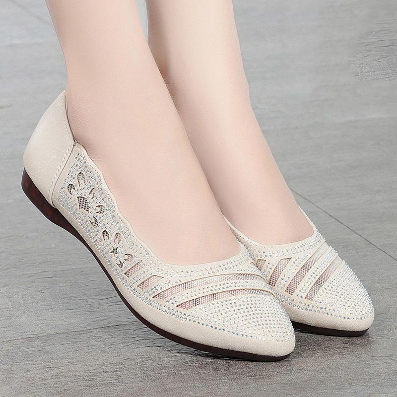 Beef Tendon Soft Bottom Summer Soft Leather Women's Shoes Mesh Hollow Sandals Soft Flat Work Women's Shoes Maternity Shoes