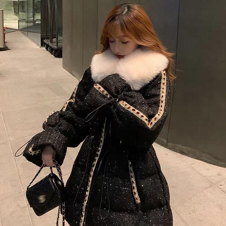 Winter Jacket Women's Cotton-padded Clothes Mid-length Loose-fitting Bright-faced Large Fur Collar Waist Thin Down Cotton-padded Coat