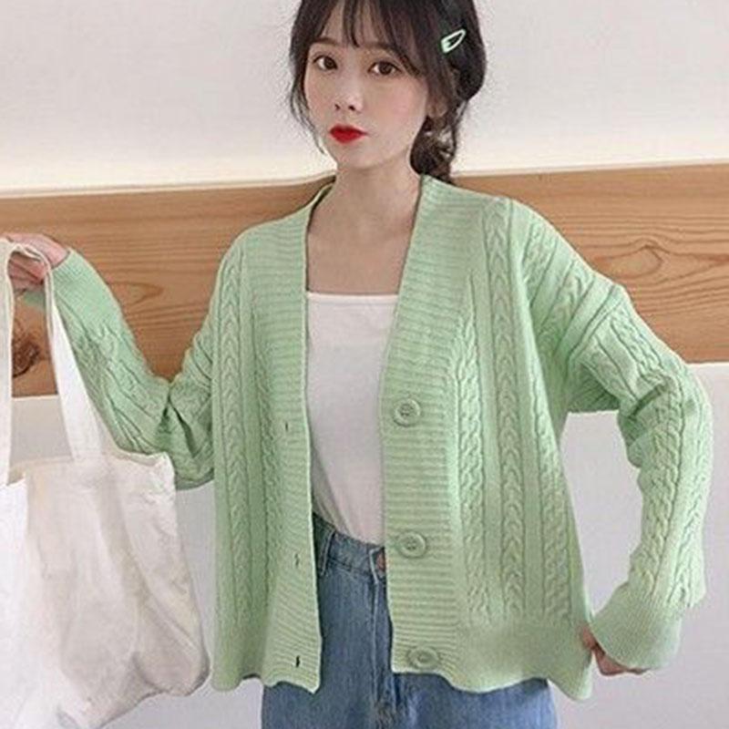 Spring and Autumn Knitted Loose Sweater All-match Long-sleeved Cardigan Sweater Fashion Solid Color Female Jacket