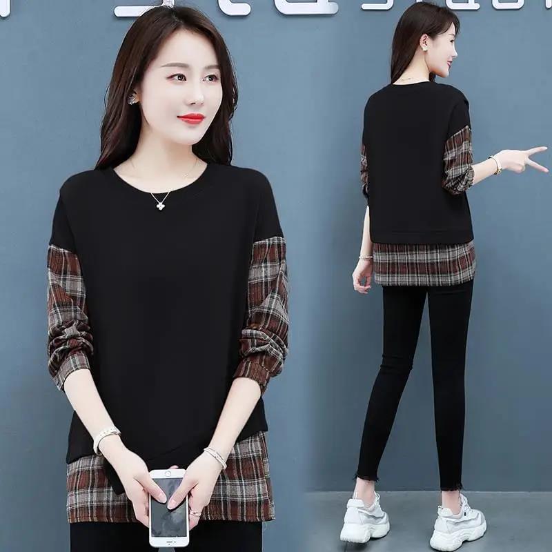 Women Plaid Stitching Shirt Summer Fake Two-piece T-shirt Boutique Casual Pullover Trendy Bottoming Shirt