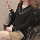 Autumn Women Blue V-neck Pullover Sweater Lazy Loose Solid Color Casual Sweater Pullovers