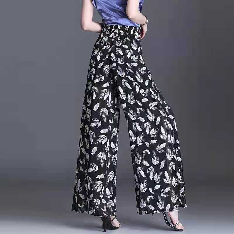 Flower Print Wide-leg Pants Women's Summer Large Size High Waist Loose Drape Thin Trousers Elastic Waist Skirt Pants