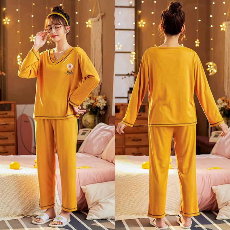 Women's Long-sleeved Pajamas Set Daisy Print V-neck Home Wear Suit Spring Sweet Casual Large Size Loose Pajamas Two-piece Set
