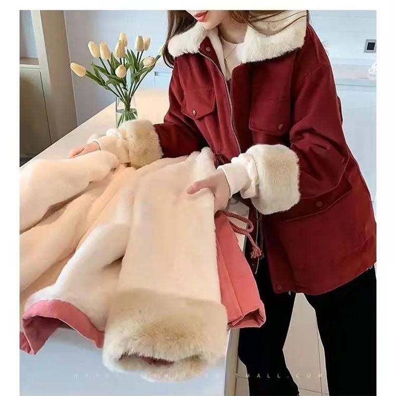 Women's Winter Plus Velvet Thickened Mid-length Cotton Coat Loose Drawstring Korean Style Cotton Coat Jacket Tooling Pie To Overcome Jacket Casual Top