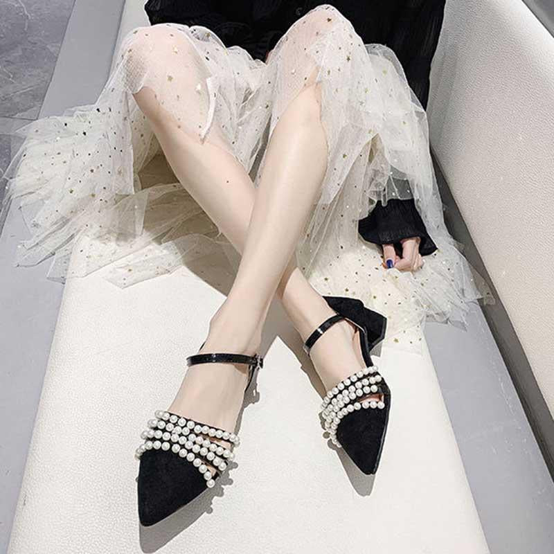 Plus Size 35-39 Summer Women Bohemian Prom High Heels Wear-resistant Non-slip Office Lady Sandals Pearl Shoes
