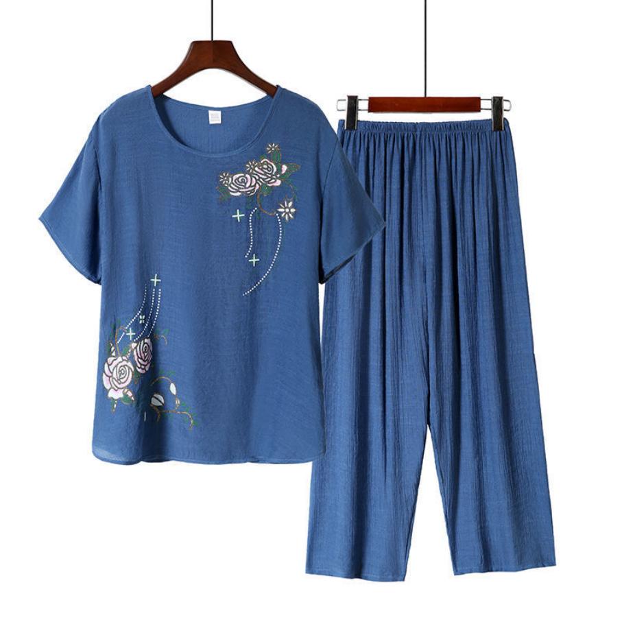 Women Clothes Floral Print T-shirt Pants Loose Two Pieces Set Summer Homewear Set Short Sleeve Outfit for Middle-aged