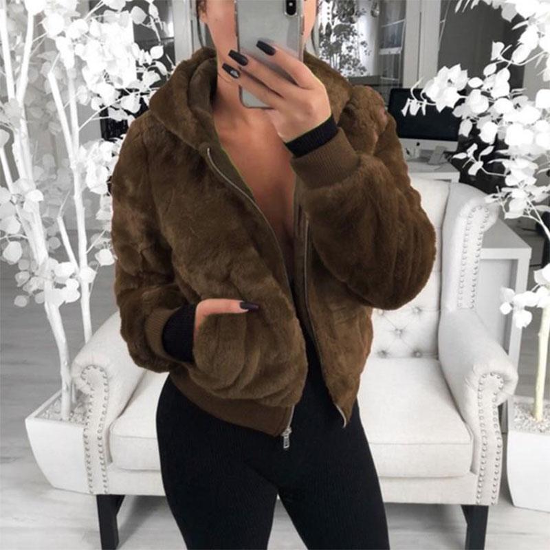Women's Autumn and Winter Jacket Hooded Bunny Fur Grass Short Coat Female Long Sleeve Solid Color Warm
