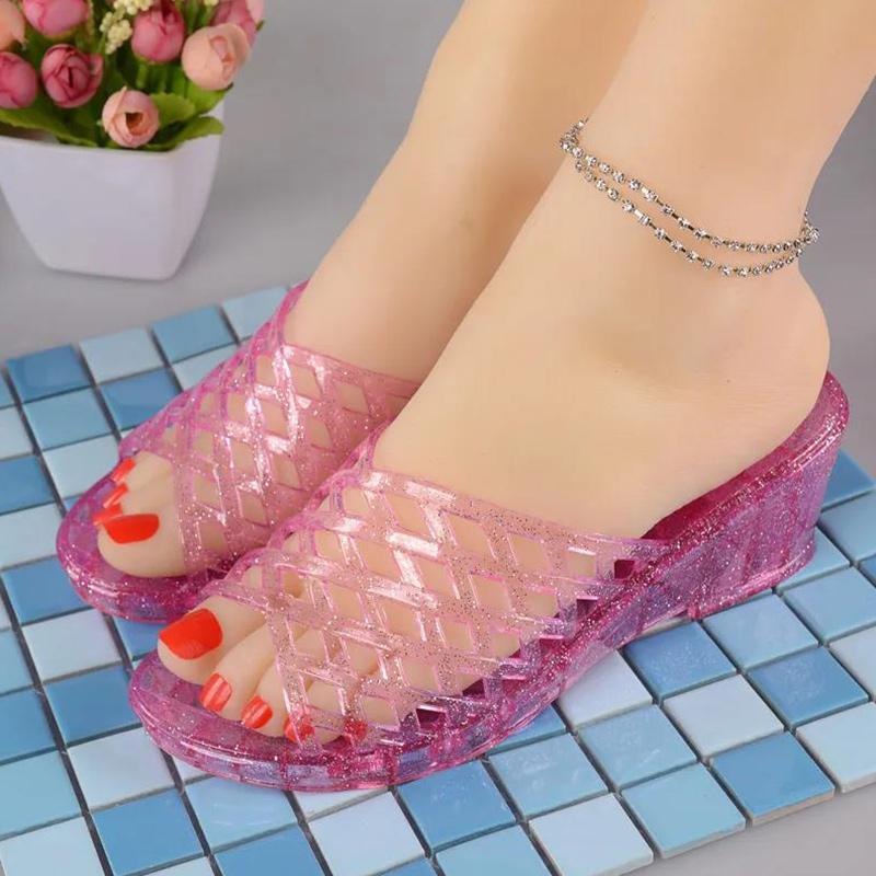 Fashion High Heel Crystal Slippers Girls Summer Transparent Plastic Sandals Wedge Heels Bathroom Thick Bottom Outdoor