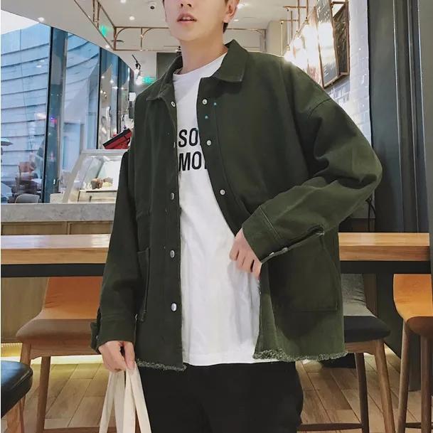 Solid Color Cotton Lapel Work Jacket Men's Loose Korean Style Trend All Match Casual Cardigan Jacket Sweatshirt