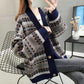 Autumn Winter Vintage Printed Cardigan Sweater Korean Knitwear Casual Loose V-neck Knitted Cardigan Coat tops
