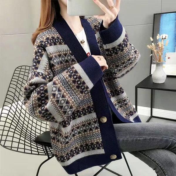 Autumn Winter Vintage Printed Cardigan Sweater Korean Knitwear Casual Loose V-neck Knitted Cardigan Coat tops