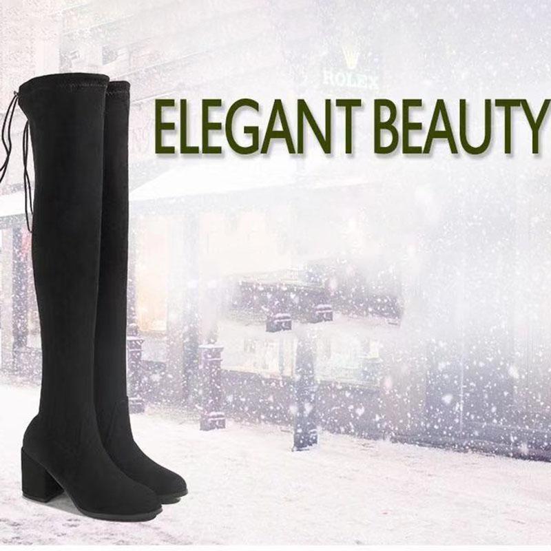 Black Elastic Flock Slim Fit Over The Knee Boots Women Autumn Winter Ladies High Heel Plus Velvet Thigh High Boots Chunky Heel Suede Boots