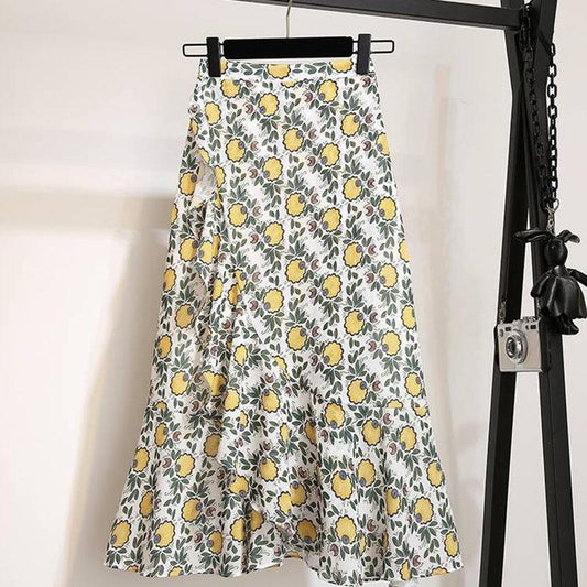 Women One-shoulder T-shirt +Printed Mermaid Skirt Two Piece Set Off Shoulder Tops Floral Skirt Sets