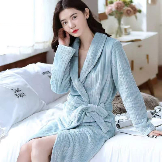 Women's Autumn Winter Coral Fleece Nightgown Mid-length Flannel Bathrobe Solid Color Striped Pocket Belted Dressing Gown Long Sleeves Thick Warm Robe