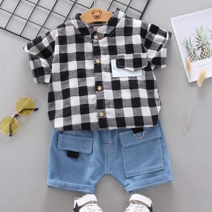 Children's Summer Wear Two Piece Set of Boys' and Girls' Korean Plaid Collar Short Sleeve Shirt and Shorts