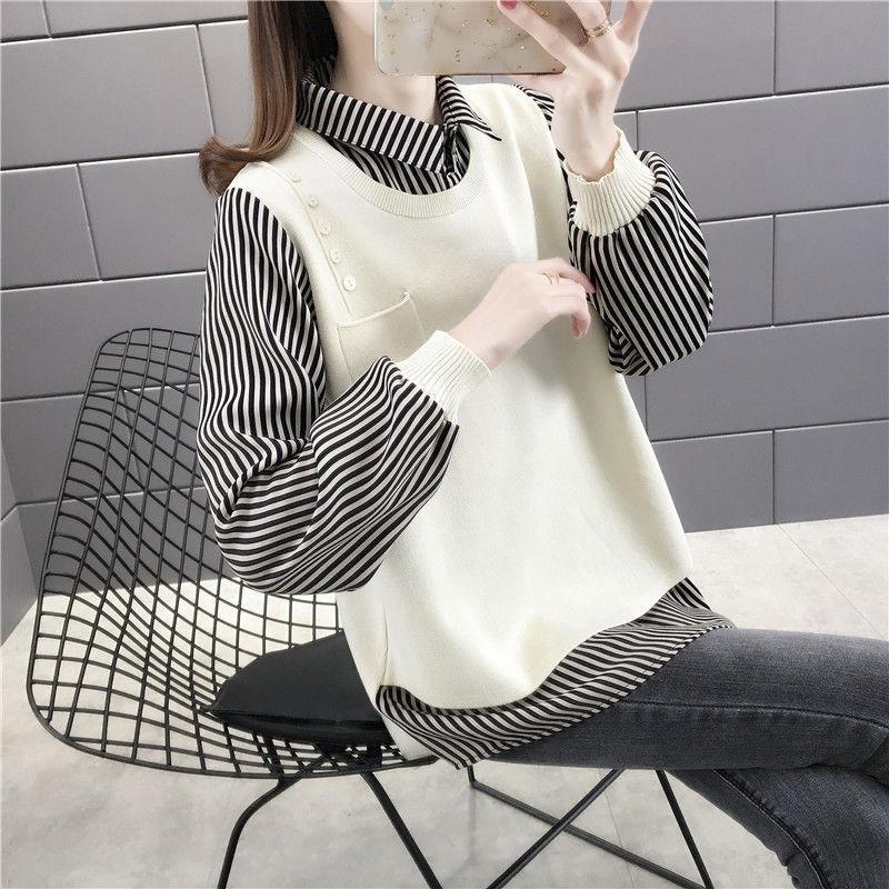 Autumn and Winter Shirt Collar Fake Two-piece Sweater Women All-match Bottoming Knitwear Top