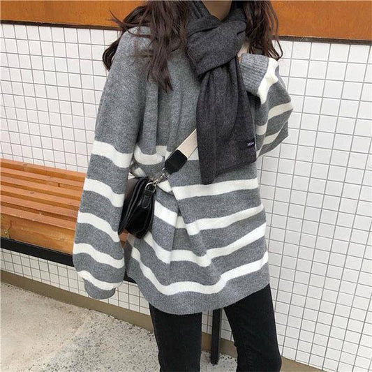 Autumn and Winter College Style Round Neck Striped Sweater Female Student Loose Mid-length Top Sweater Coat