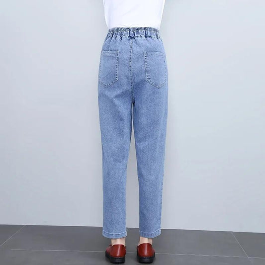 Large Pocket Loose Jeans Pants Women's Spring and Autumn Harem Radish Denim Pants High Waist Slim Casual Ninth Denim Trousers