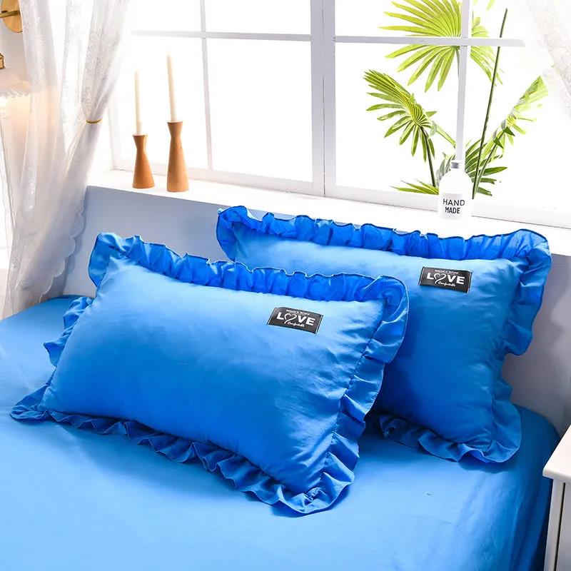 Korean Version of Solid Color Washed Cotton Pillowcase Stitching Lotus Leaf Lace Pillowcase 48*74cm A Pair of Large Pillowcases