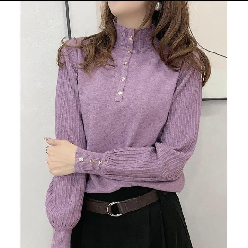Half Turtleneck Long Sleeve Knitted Sweater Loose Large Size Sweater Fashion Button Solid Color Bottoming Shirt for Women