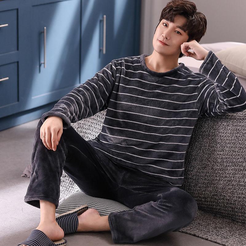 Pajamas Men's Winter Thickening Plus Velvet Warmth and Fertilizer Plus Size Loose Home Service Suit
