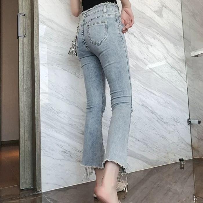 WTEMPO Tassel Trumpet Tight Women's Jeans Loose and Slim High Waist Zipper Denim Big Pocket Trousers