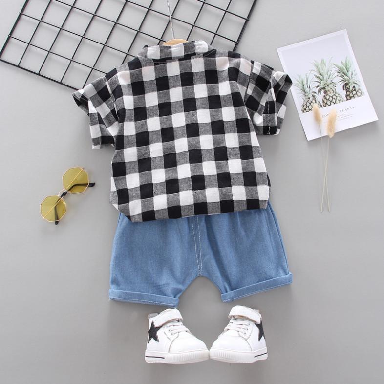 Children's Summer Wear Two Piece Set of Boys' and Girls' Korean Plaid Collar Short Sleeve Shirt and Shorts