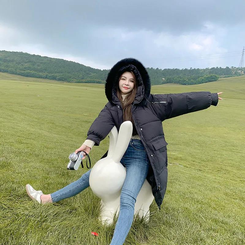 Down Cotton Jacket Women's Thickened Warm Large Wool Collar Large Pocket Long Loose Cotton Jacket